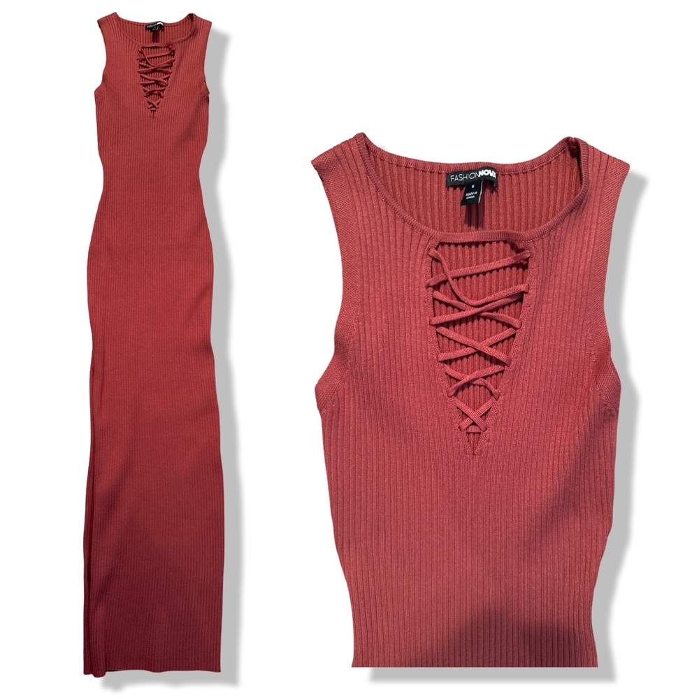 Fashion Nova Stretch Fitted Lace front Midi Dress Size S Brick Red